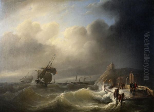 Storm At Sea Watched By Fishermen At The Stockade Oil Painting by Christiaan Cornelis Kannemans