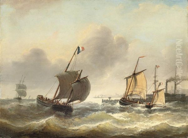 Full Sail On Choppy Waters Near A Harbour Entrance Oil Painting by Christiaan Cornelis Kannemans