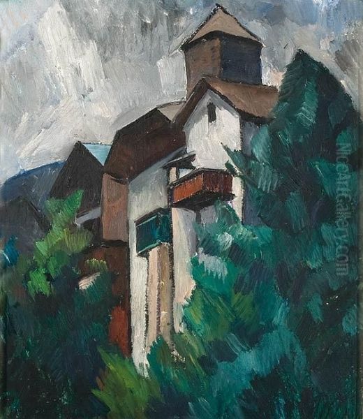 Hauser Im Gebirge Mit Turm Oil Painting by Alexander Kanoldt