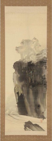 Monkeise On Top Of The Cliff Oil Painting by Hashimoto Kansetsu