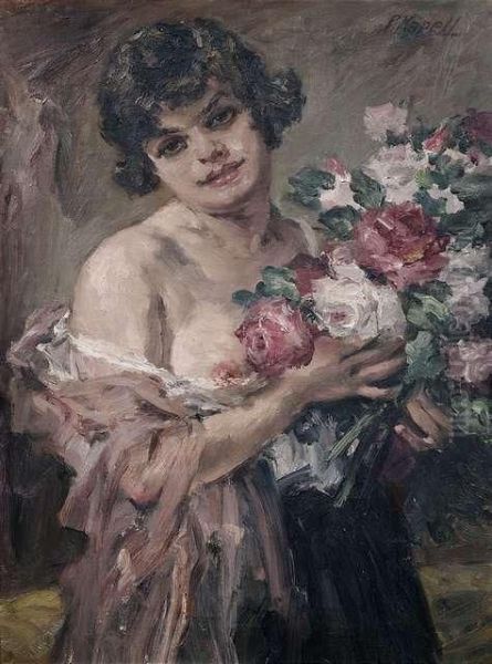 Female Half Nude With A Bouquet Of Flowers. Oil Painting by Paul Kapell