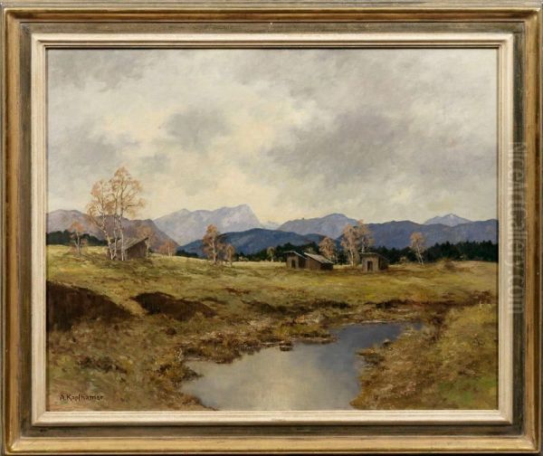 Landschaft Im Murnauermoos Mit Blick Auf Die Zugspitze Oil Painting by Adolf Kapfhammer