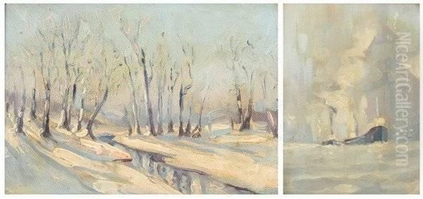 Winter Trees And Steamship: Two Works Oil Painting by Karl Kappes