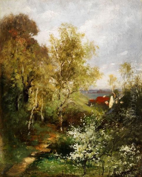 Fruhlingslandschaft Mit Bluhenden Jungen Baumen An Einer Talsenke Oil Painting by Albert Kappis