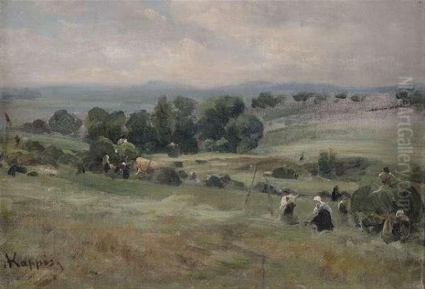 Hay Harvest In An Extensive Landscape Oil Painting by Albert Kappis