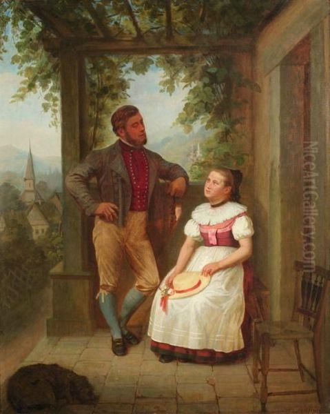 Junges Paar In Tracht Unter Einer Belaubten Pergola Oil Painting by Albert Kappis