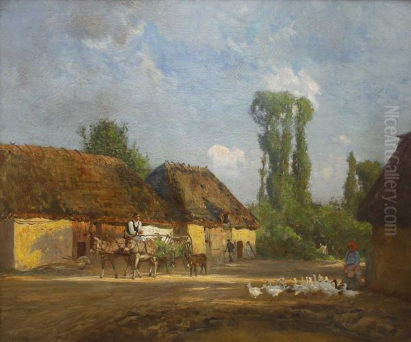 Norddeutsche Dorfstrasse Mit Eselskarren Und Magd Mit Entenschar Oil Painting by Carl Friedrich Kappstein