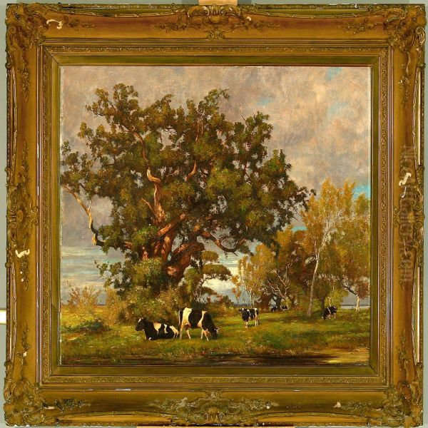 Grazing Cattle Near Old Oak Trees Oil Painting by Carl Friedrich Kappstein