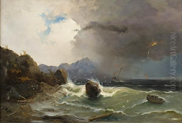 Tempesta Sulla Costa Con Veliero Oil Painting by Grigorij Kapustin