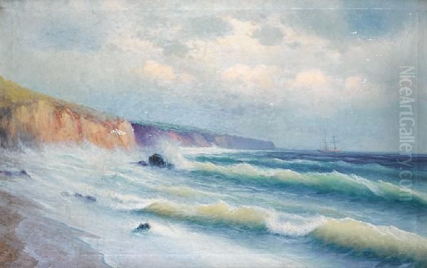 Waves Breaking Against The Shore Oil Painting by Grigorij Kapustin