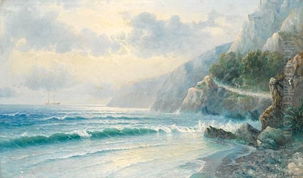 Waves Lapping At The Shore Oil Painting by Grigorij Kapustin