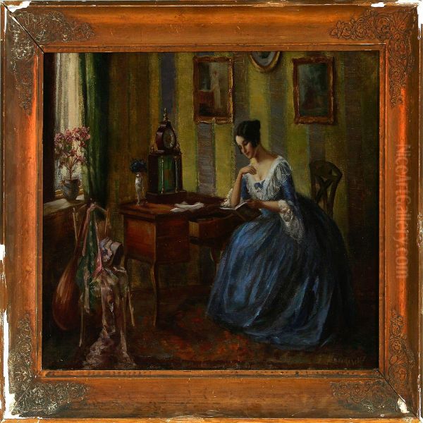 Interior With A Youngwoman Reading Oil Painting by Nina Karasek