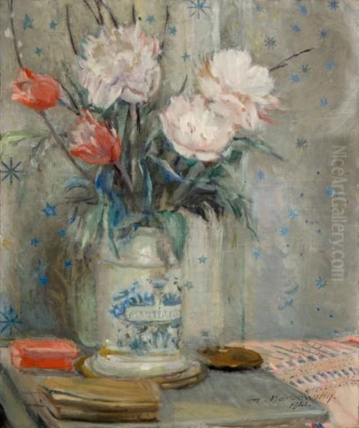 Bouquet De Pivoines Oil Painting by Adrien Karbowsky