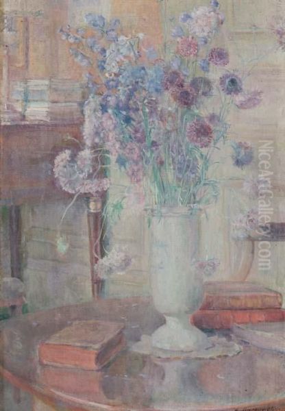 Vase De Fleurs Et Livres Sur Une Table Ronde Oil Painting by Adrien Karbowsky