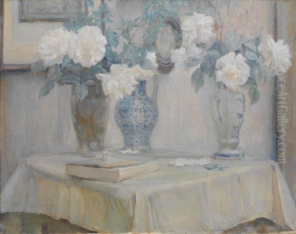 Bouquets De Roses Sur Une Table Oil Painting by Adrien Karbowsky