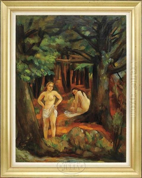 Bathers In Pine Woods Oil Painting by Bernard Karfiol