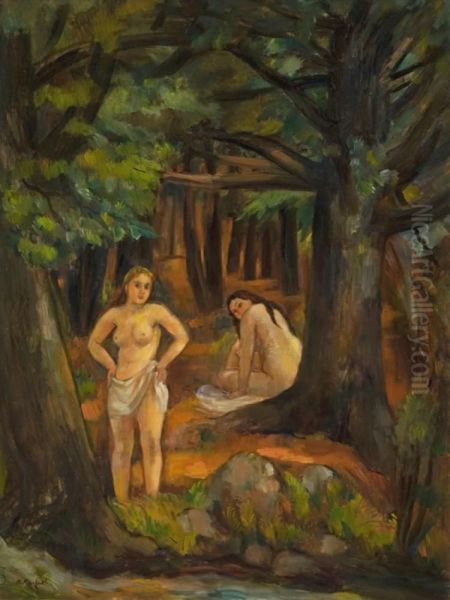 Bathers In Pine Woods Oil Painting by Bernard Karfiol