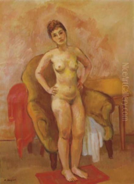 A Standing Nude Posing In Front Of A Chair by Bernard Karfiol