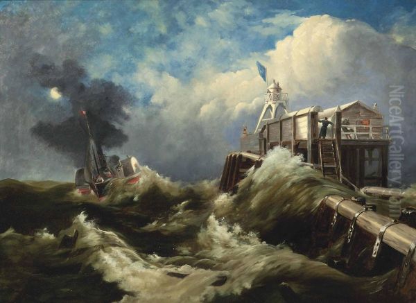 A Steamer At A Pier In A Storm Oil Painting by Joseph Karl Bertholf Puettner