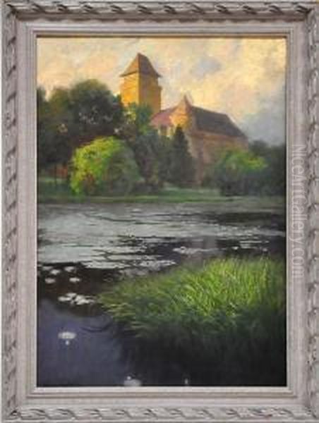 Sommerliches Seeufer Mit Seerosen, Im Hintergrund Schlossansicht Oil Painting by Anton Hans Karlinsky