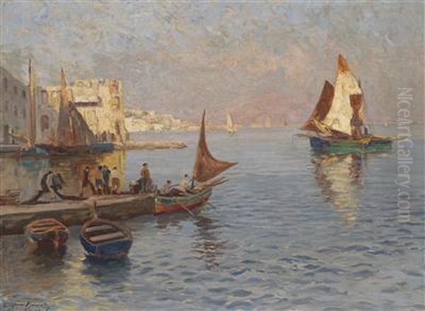 Fishermen In The Harbour At Posilipo Oil Painting by Eugen Karpathy