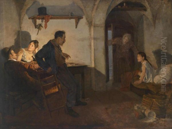 Rural Interior Scene Oil Painting by Adolf Karpellus