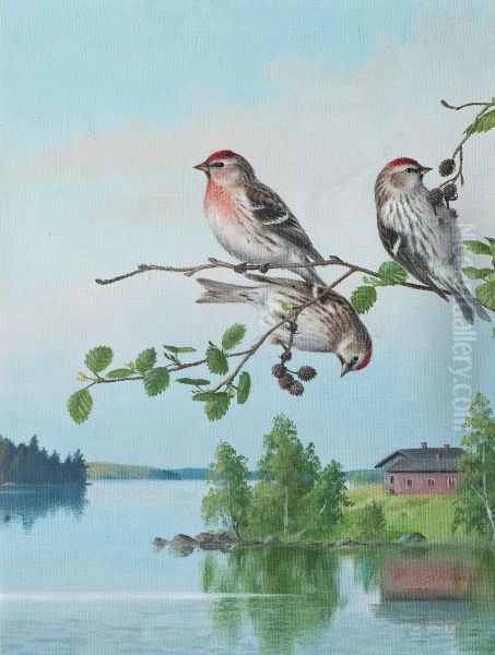 Small Birds On A Branch Oil Painting by Matti Karppanen