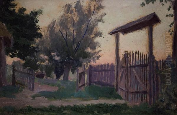 Pejzaz Z Brama O Zachodzie Slonca Oil Painting by Jerzy Karszniewicz