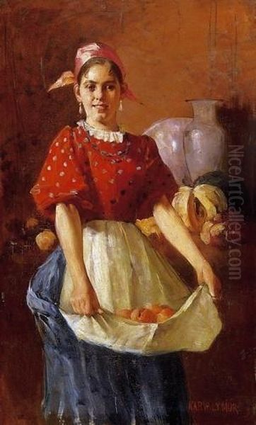 Girl With Fruit Oil Painting by Mor Karvaly