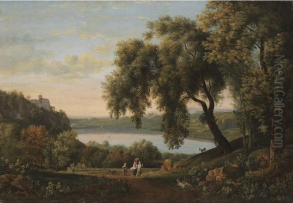 A View Of The Castel Gandolfo On Lake Albano Oil Painting by Elisabeth Charlotta Kaschanoff