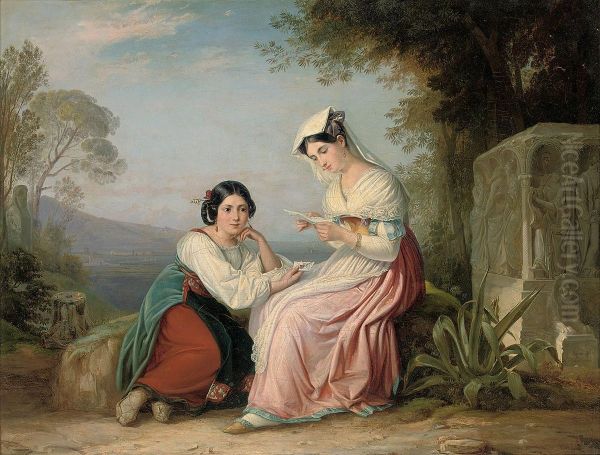 Exchanging News Above The Roman Campagna Oil Painting by August Theodore Kaselowsky