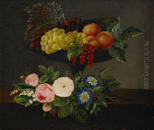 Frukt Och Blomsterstilleben Oil Painting by Emilie Kastrup