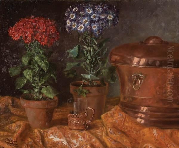 Still Life With Flowers And Copper Vessels Oil Painting by Mathilde Kathon