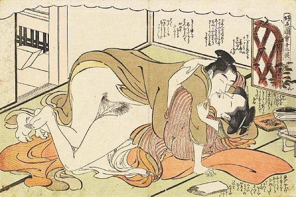 A Couple Making 
Love In The Interior Of A Teahouse Oil Painting by Katsukawa Shuncho