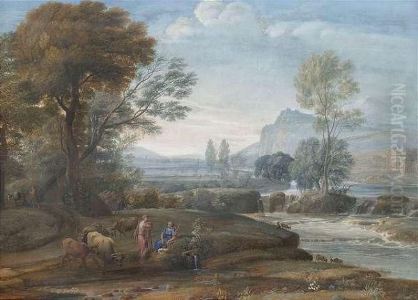 Extensive Arcadic Landscape With Stream Course And Shepherd's Idyll. Oil Painting by Carl Ludwig Katz