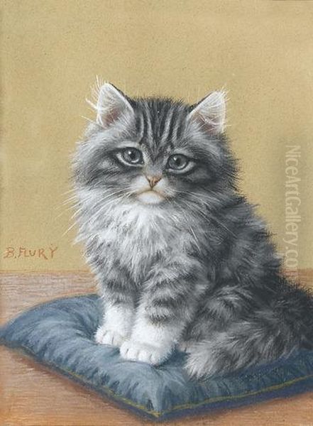 Katzchen Auf Blauem Kissen Oil Painting by Burkhard Katzen-Flury