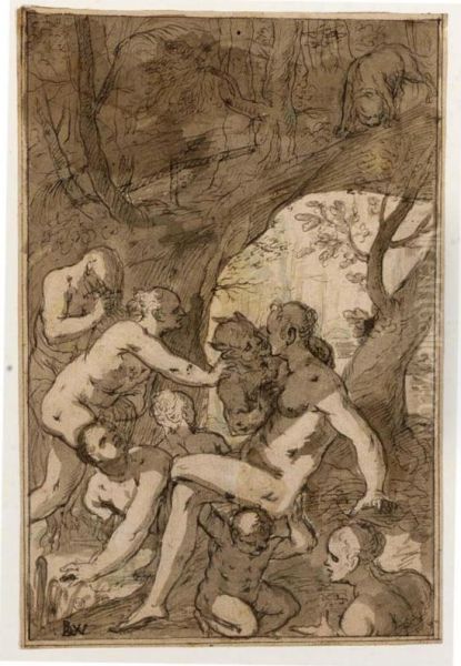 Women Bathing In A Wood, Surprised By A Satyr Oil Painting by Balthasar Katzenberger