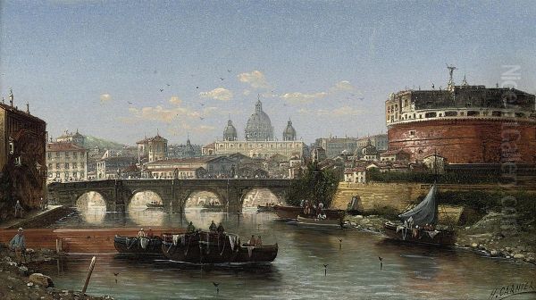 Boats On The Tiber At The Castel Sant'angelo, Rome Oil Painting by Carl Kauffman