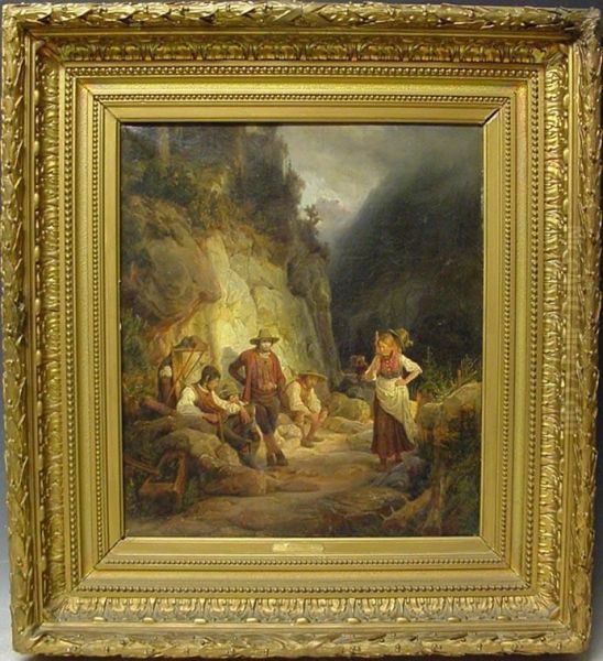 Personen Rasten An Einem Bergpass Oil Painting by Hermann Ii Kauffmann