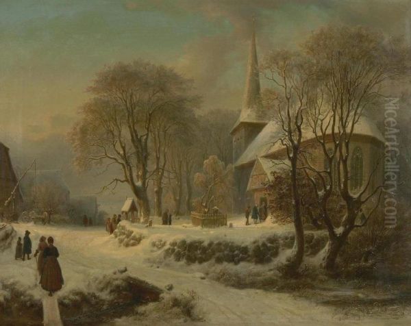 Der Kirchgang In Alt-rahlstedt. Oil Painting by Hermann Ii Kauffmann