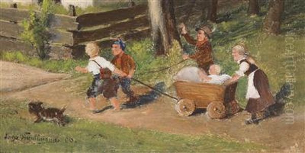 Children With Cart Oil Painting by Hugo Kauffmann