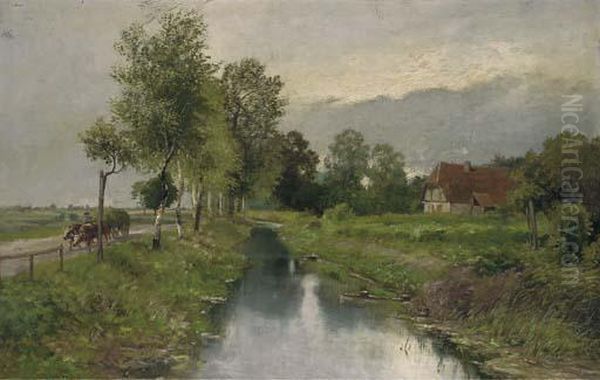 A Haywain On A Riverside Track Oil Painting by Adolphe Kaufman