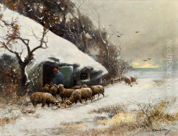 Schafherde Im Winter Oil Painting by Adolf Kaufmann