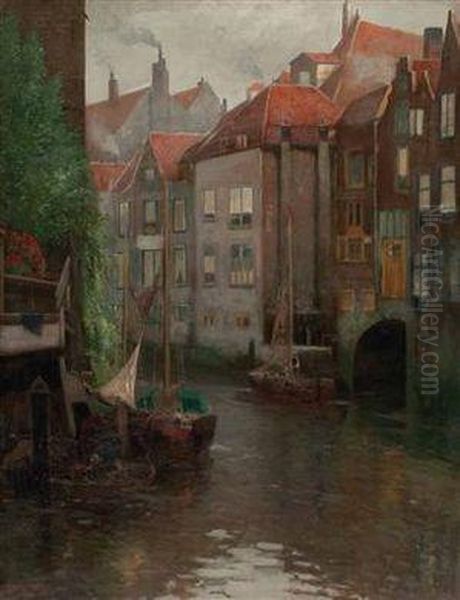 Boote In Einer Gracht Oil Painting by Adolf Kaufmann