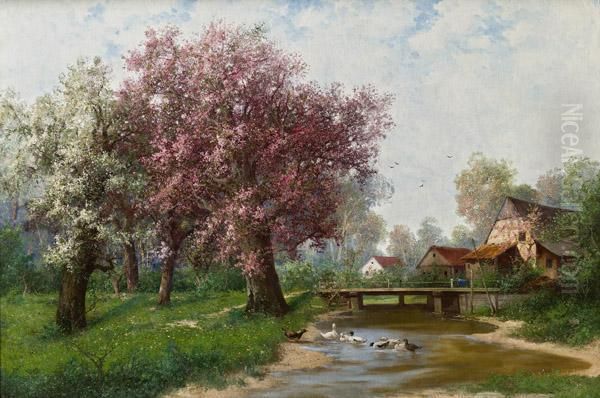 Bluhende Baume Am Fluss Oil Painting by Adolf Kaufmann