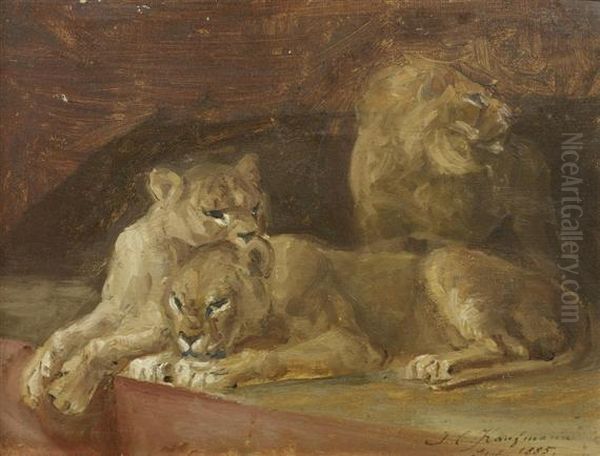 Family Of Lions Oil Painting by Joseph Clemens Kaufmann