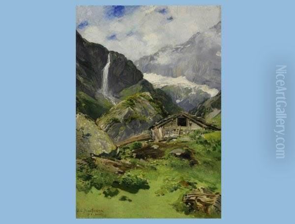 Mein Hotel Auf Ruhplan Rehalp Mitfaulenbachfall Und Schlossberg Mit Gletscher Oil Painting by Joseph Clemens Kaufmann