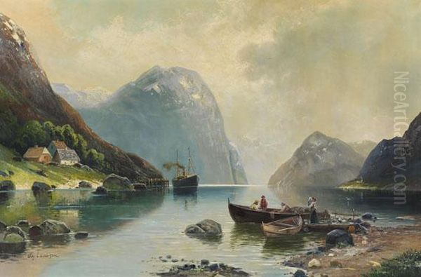 Norwegische Fjordlandschaft Mit Postdampfer Und Fischern Oil Painting by Karl Kaufmann