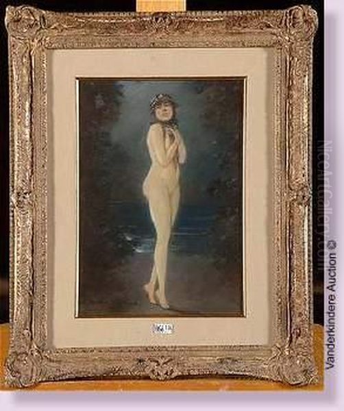 Femme Nue Au Bord De L'eau Au Clair De Lune Oil Painting by Anton Kaulbach