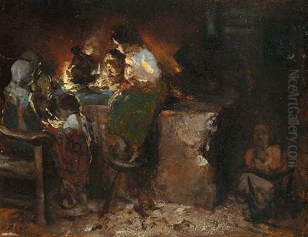 Kinder Im Schein Des Feuers In Der Stube Oil Painting by Hermann Kaulbach